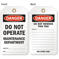 Danger Do Not Operate Maintenance Department Tag